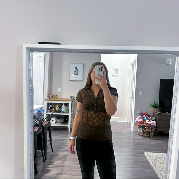 Vintage Apt 9 Brown Lace Sheer Short Sleeve V-Neck Polo Blouse - Picture 2 of 12